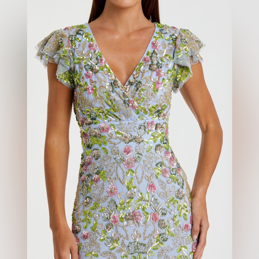 Mac Duggal Blue Floral Sequin Embellished Flutter Cap Sleeve Dress